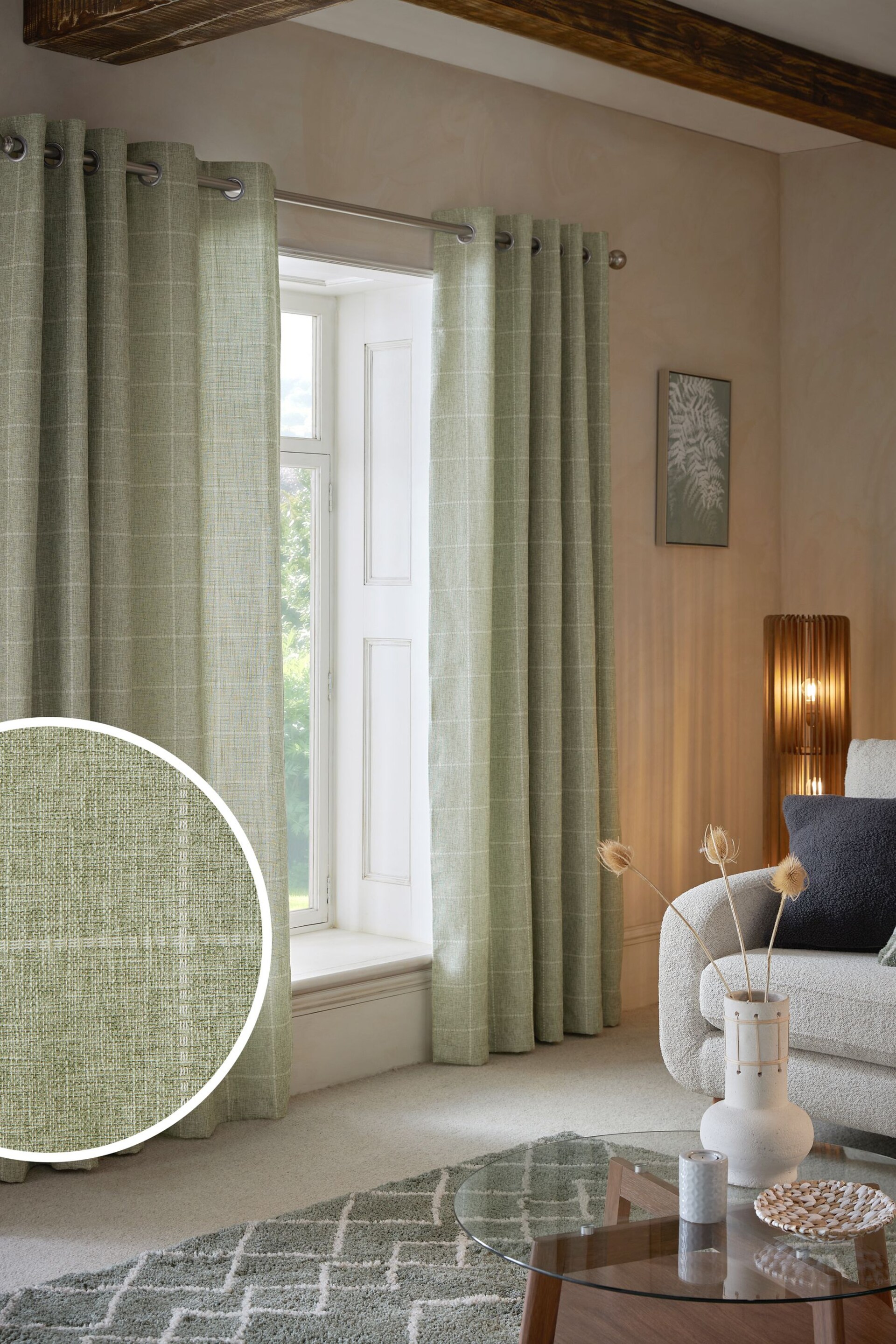 Sage Green Windowpane Check Lined Eyelet Curtains - Image 1 of 5