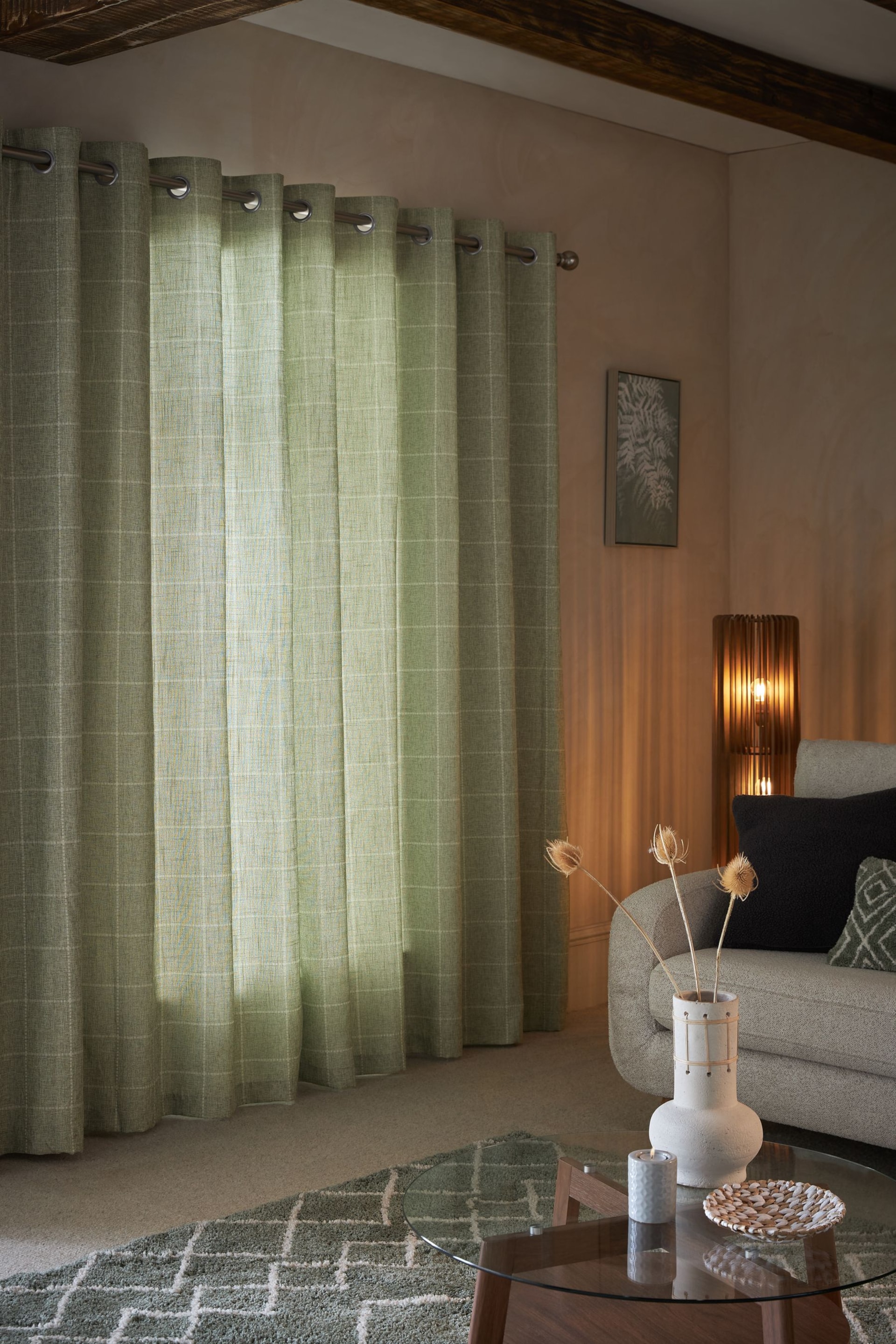 Sage Green Windowpane Check Lined Eyelet Curtains - Image 2 of 5