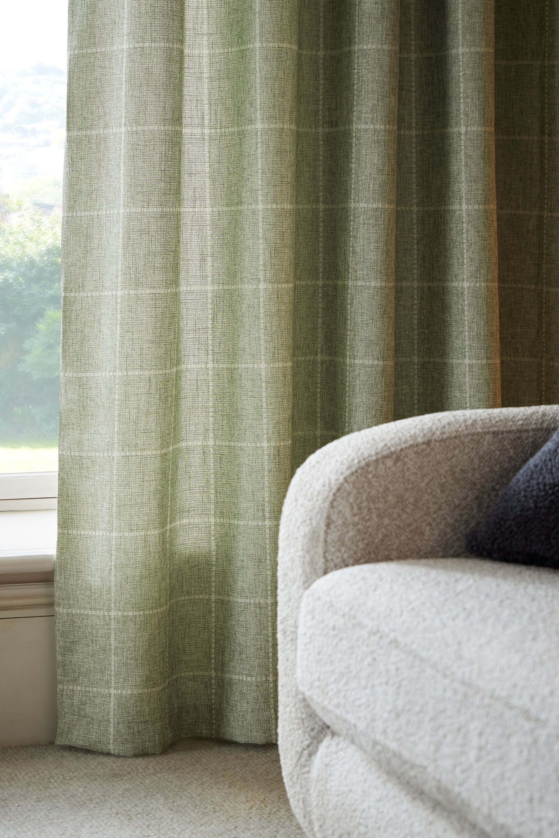 Sage Green Windowpane Check Lined Eyelet Curtains - Image 3 of 5