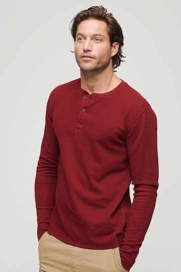 Superdry Red Waffle Long Sleeve Henley Top