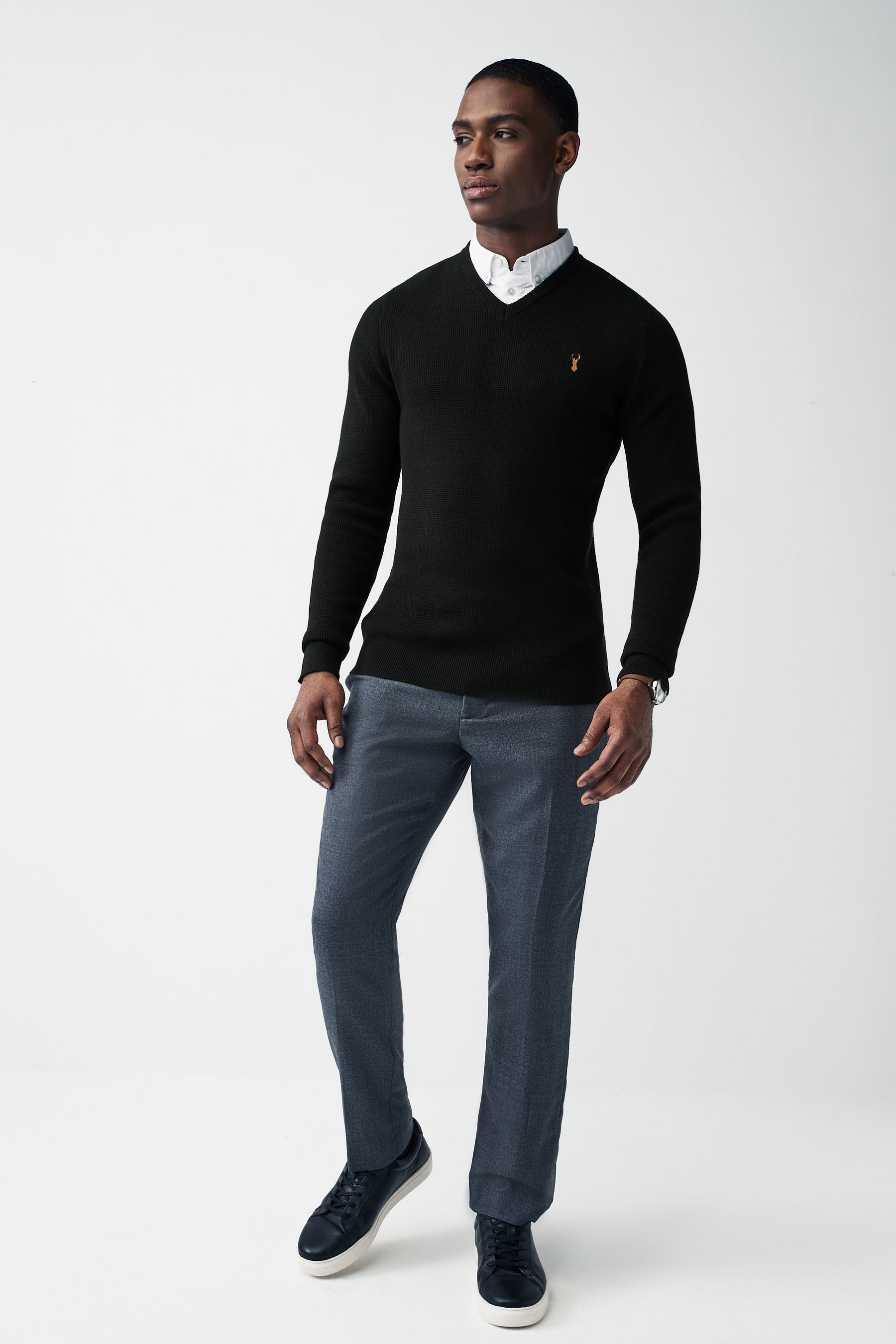 Black Oxford V Neck Regular 100 Cotton Mock Shirt Jumper