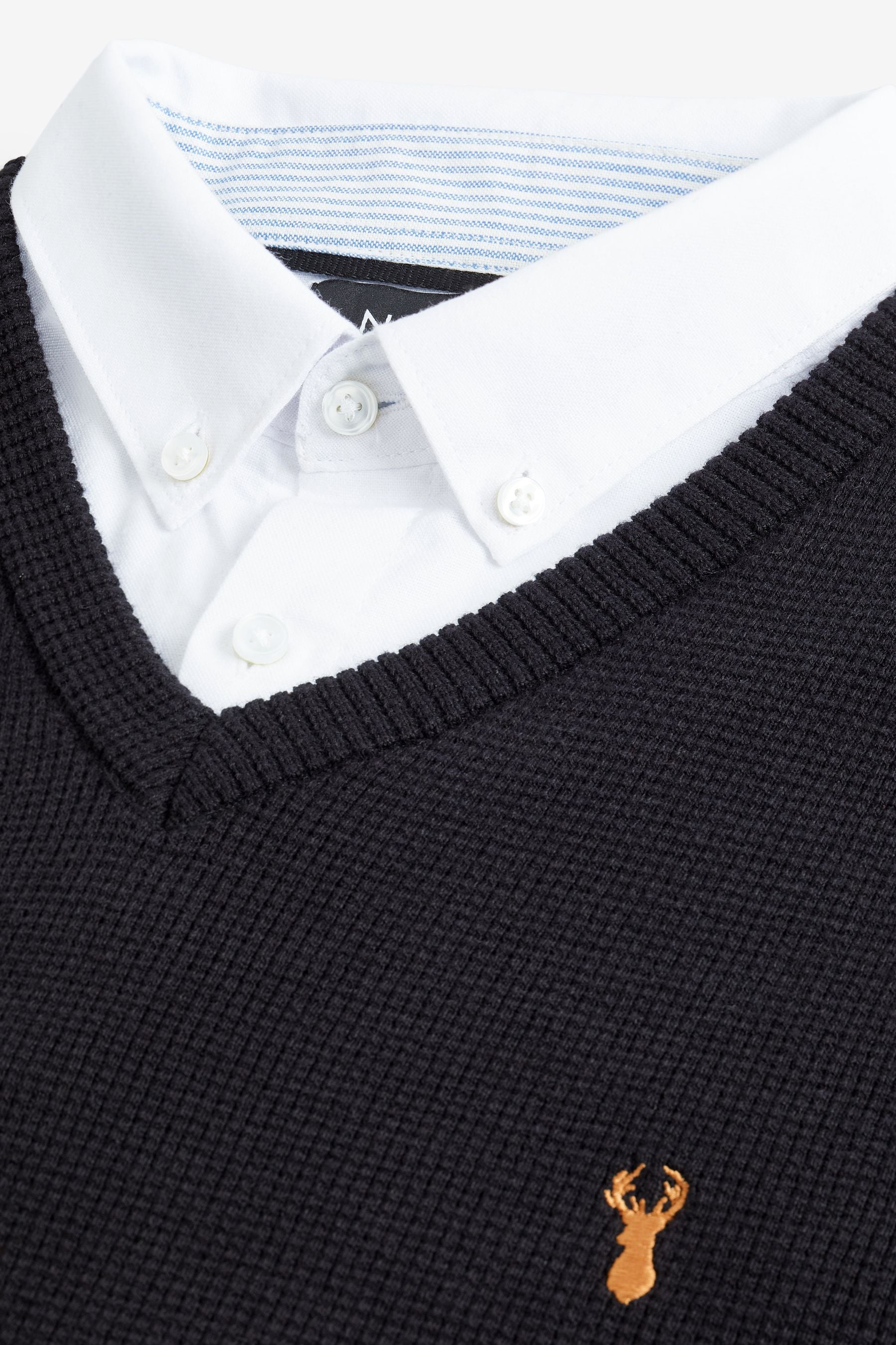 Black Oxford V Neck Regular Mock 100 Cotton Shirt Jumper