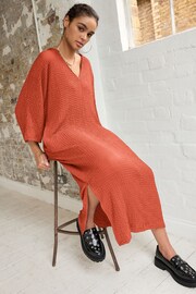 Rust Orange V-Neck Textured Midi Dress - Image 1 of 6