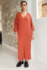 Rust Orange V-Neck Textured Midi Dress - Image 2 of 6