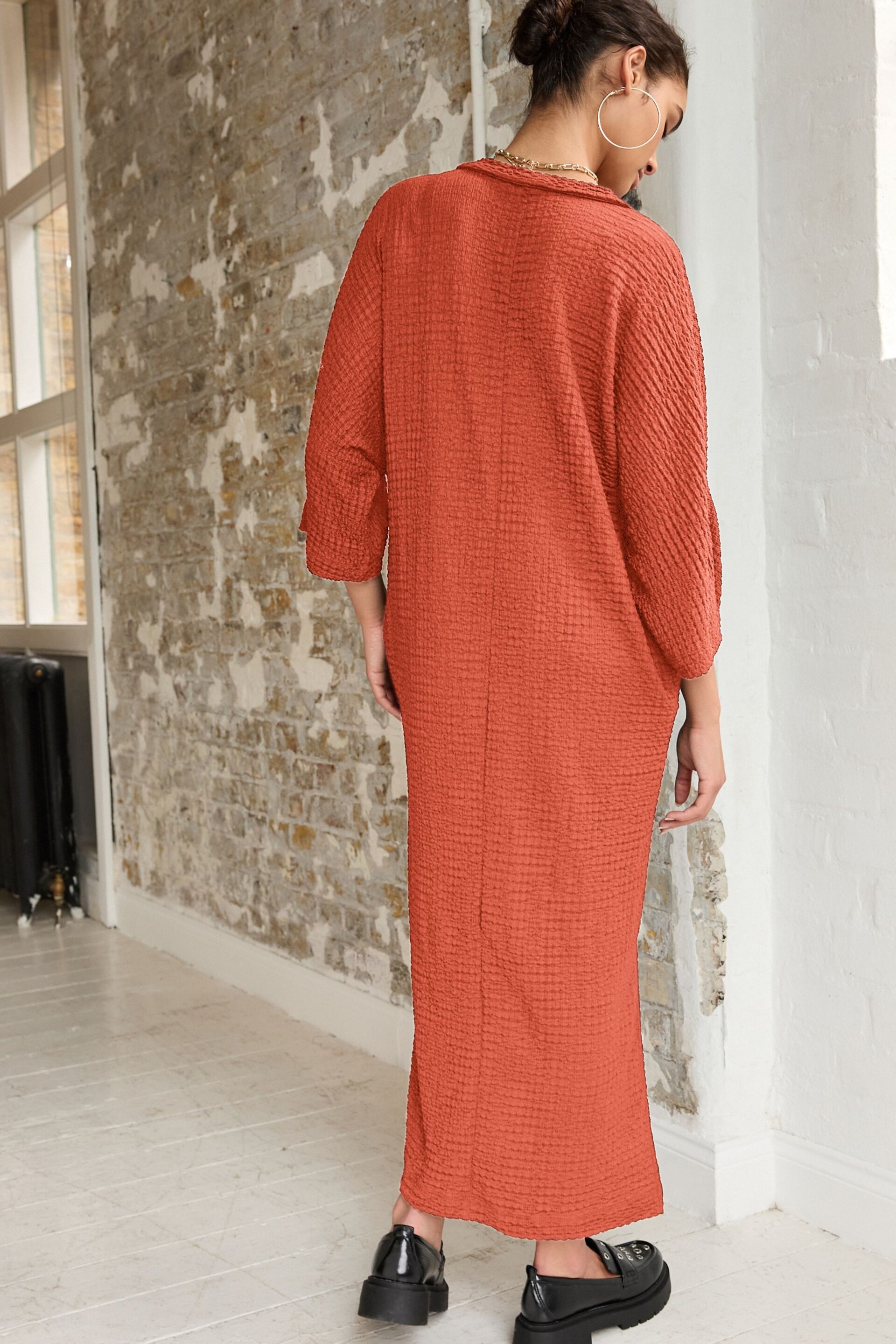 Rust Orange V-Neck Textured Midi Dress - Image 3 of 6
