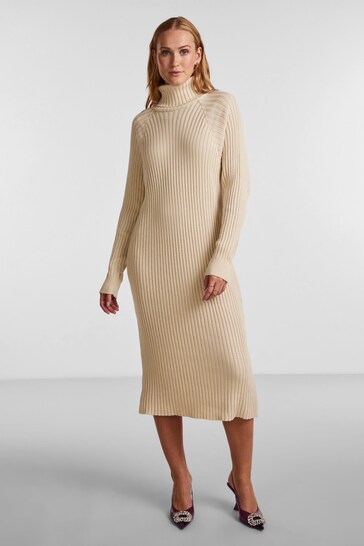 YAS Cream Knitted Roll Neck Dress