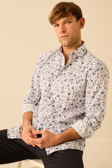 White/Blue Floral Printed Trimmed Shirt