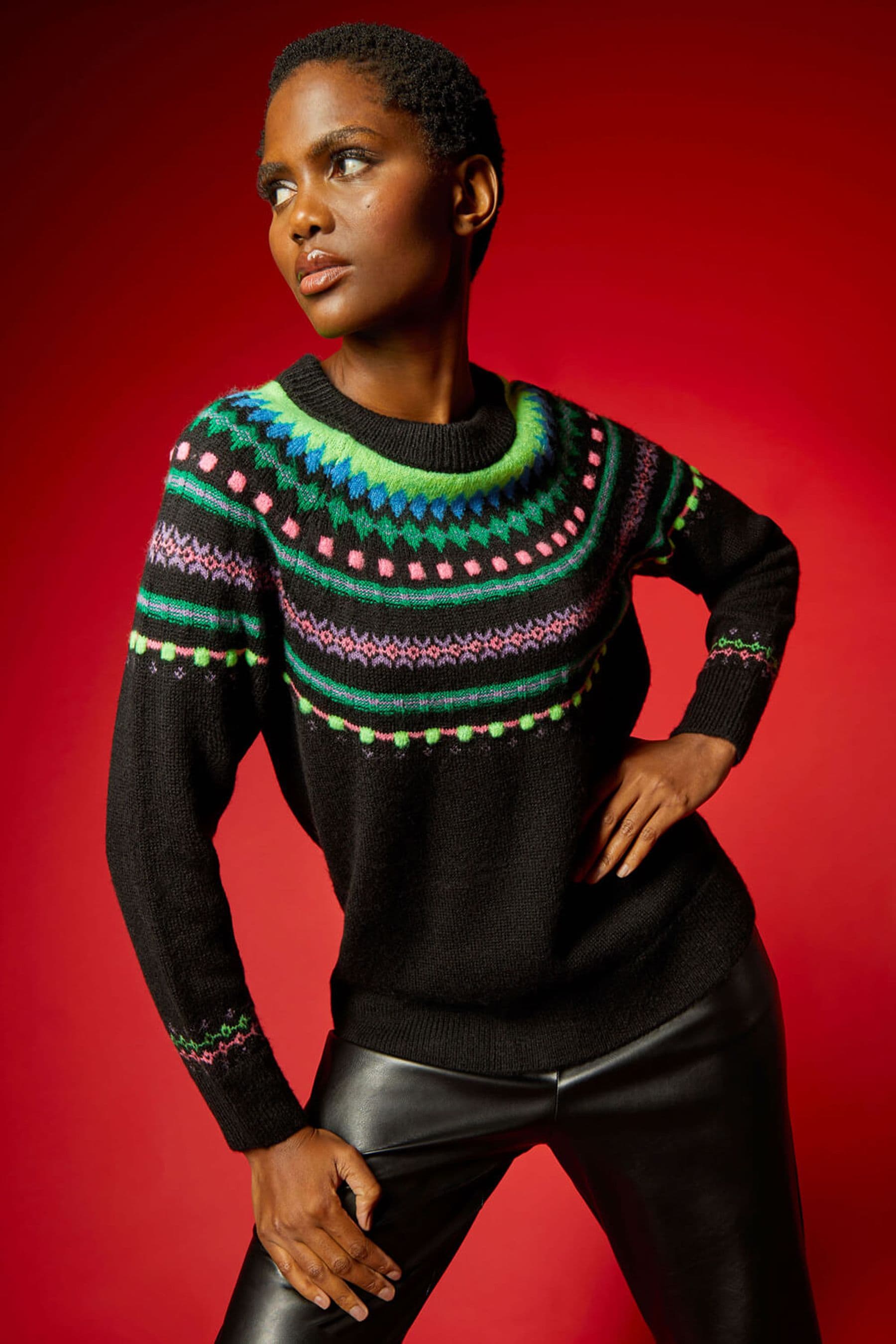 Roman Black Fairisle Stretch Knit Jumper