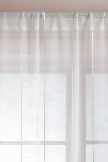 White Stripe Voile Slot Top Unlined Sheer Panel Curtain