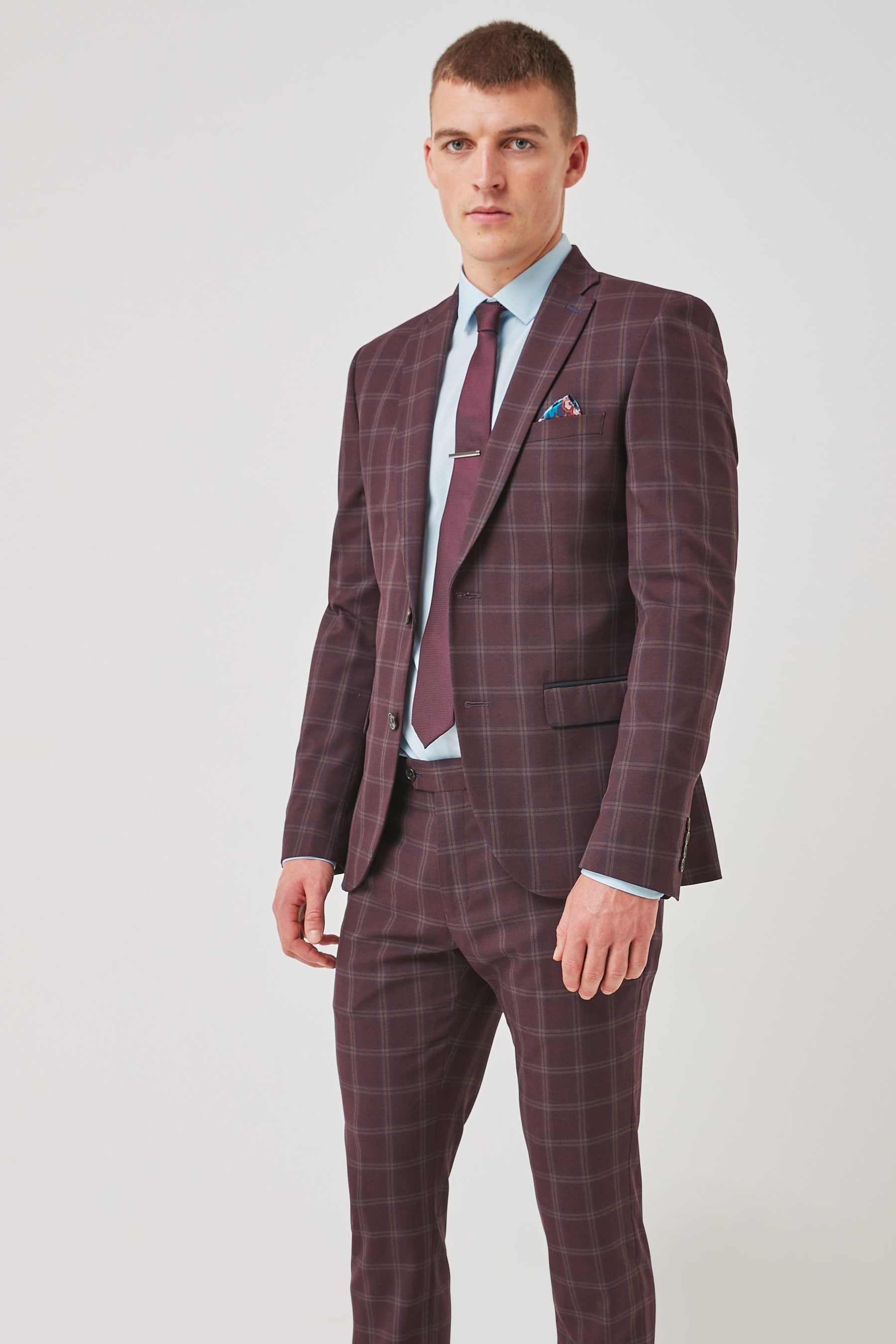 Buy Burgundy Red Skinny Fit Trimmed Check Suit Jacket from Next Luxembourg