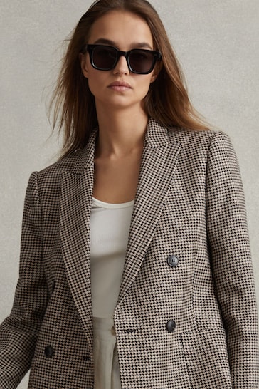 Reiss Black/Camel Ella Petite Wool Blend Double Breasted Dogtooth Blazer