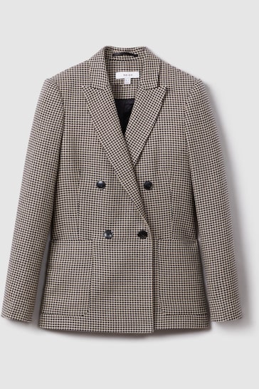Reiss Black/Camel Ella Petite Wool Blend Double Breasted Dogtooth Blazer