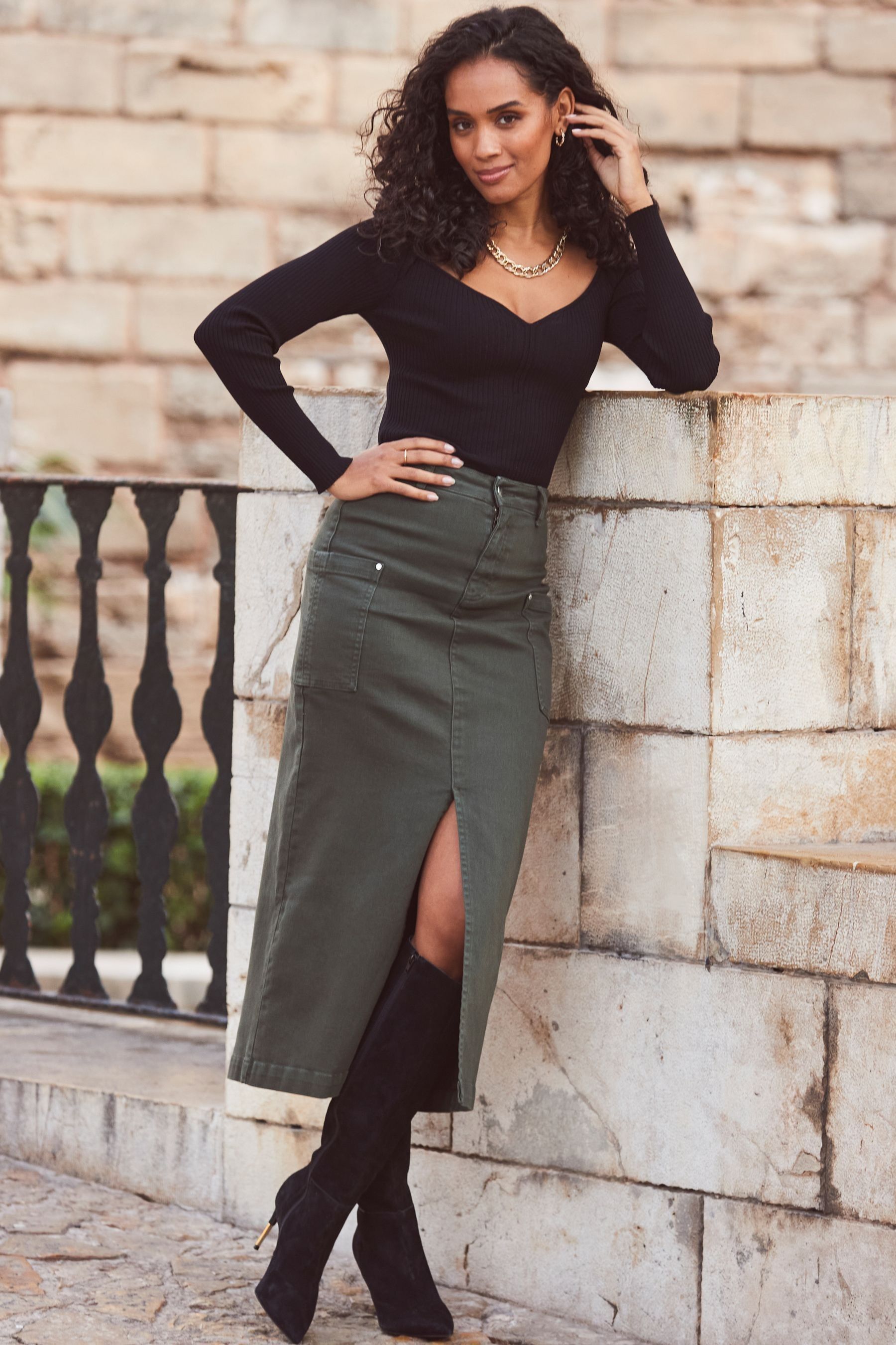 Buy Sosandar Green Denim Pocket Detail Midi Skirt from the Next UK online shop