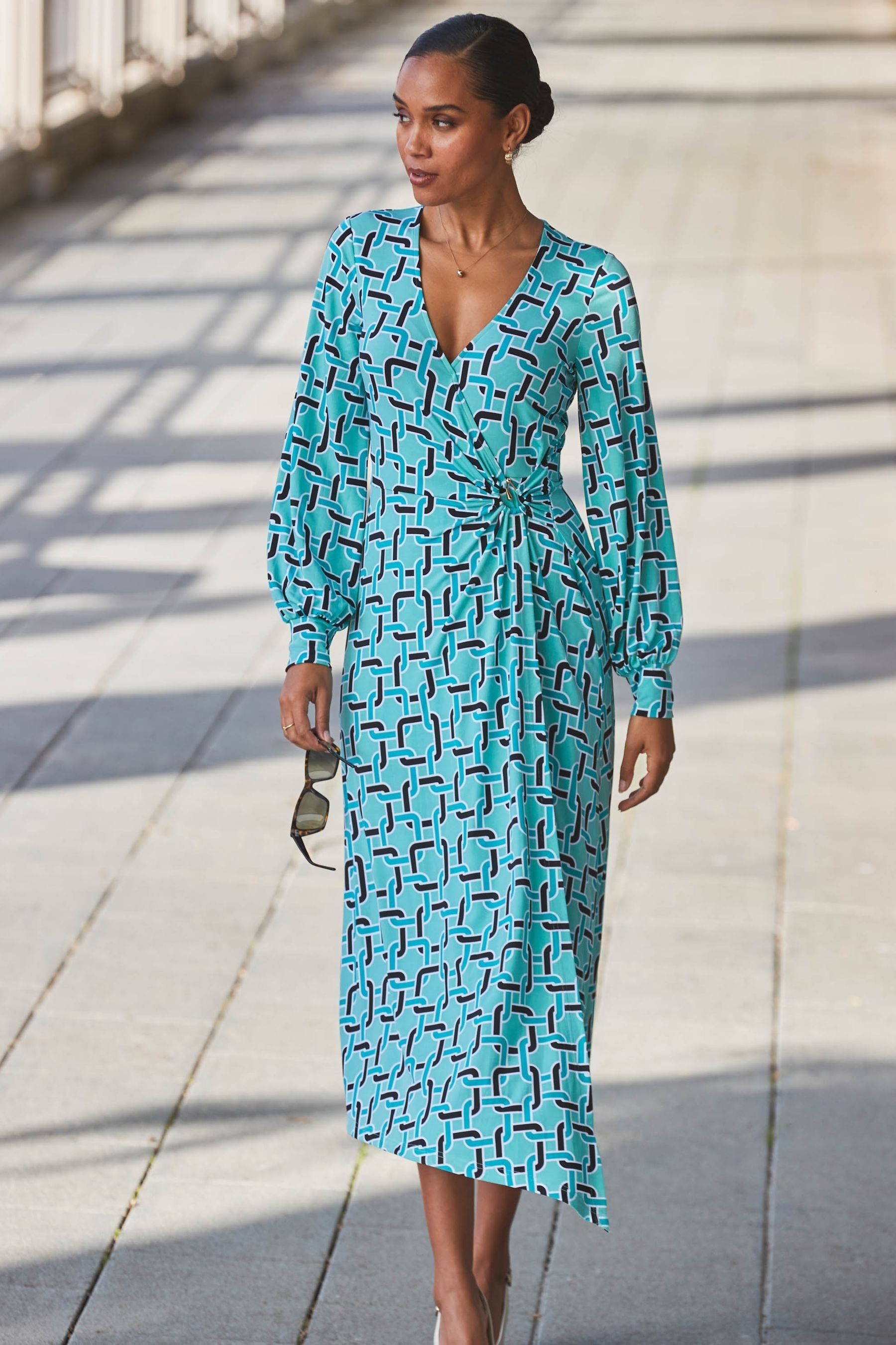 Sosandar Blue Geometric Print Long Sleeve Wrap Dress