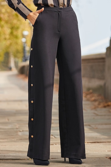 Sosandar Black Wide Leg Trousers With Side Poppers