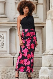 Sosandar Black Floral Print Ruched Detail Satin Maxi Skirt - Image 1 of 5