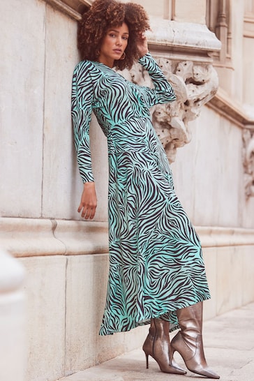 Sosandar Blue Zebra Print Pleated Wrap Front Dress