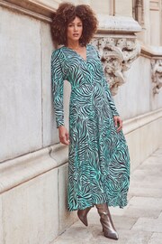 Sosandar Blue Zebra Print Pleated Wrap Front Dress - Image 4 of 6