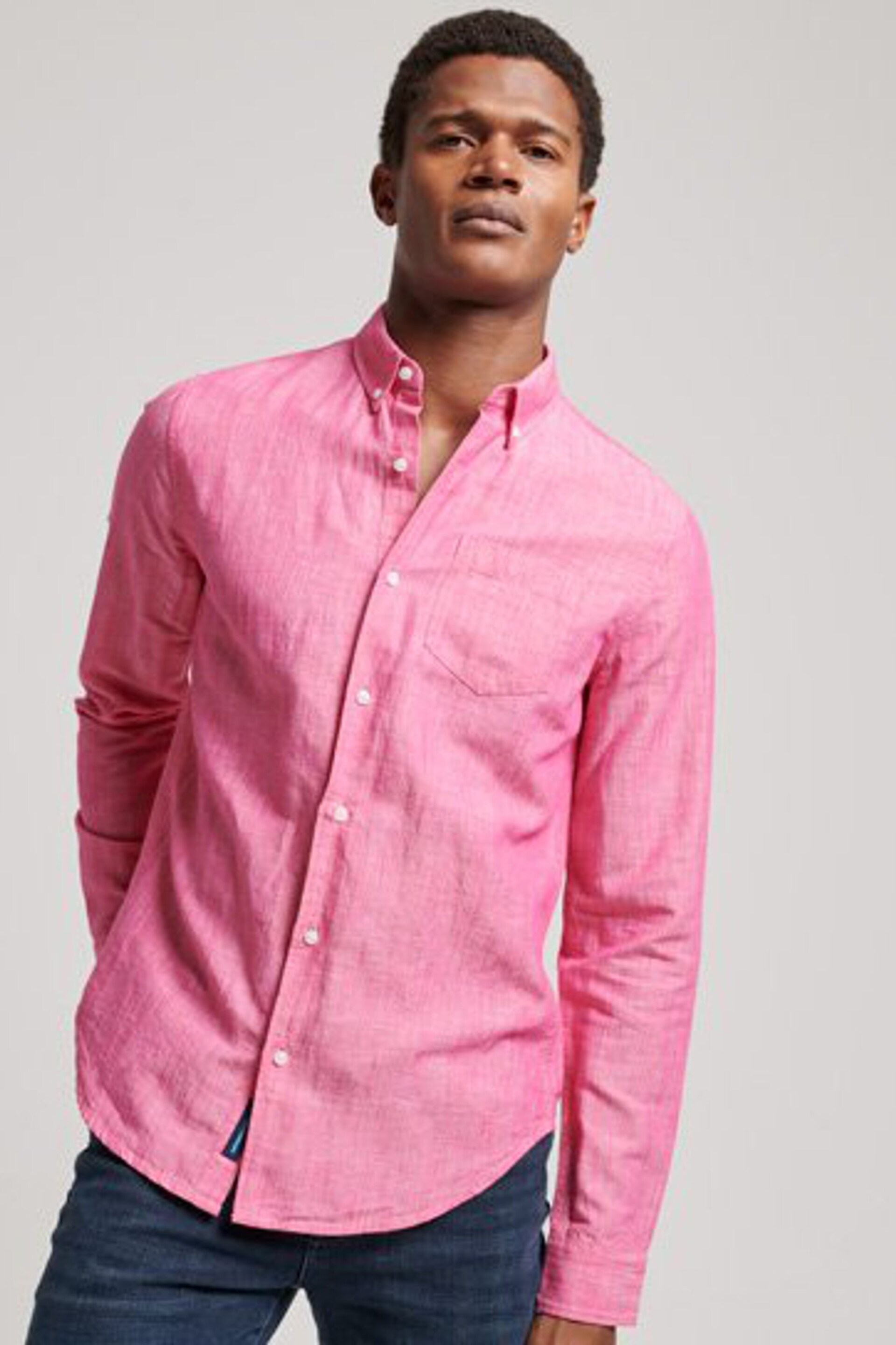 Superdry Pink Organic Cotton Studios Linen Button Down Shirt - Image 1 of 6