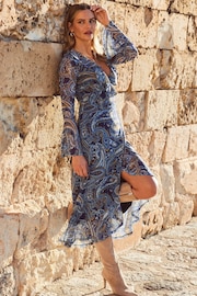Sosandar Blue Paisley Print Mesh Wrap Front Fit & Flare Dress - Image 1 of 5