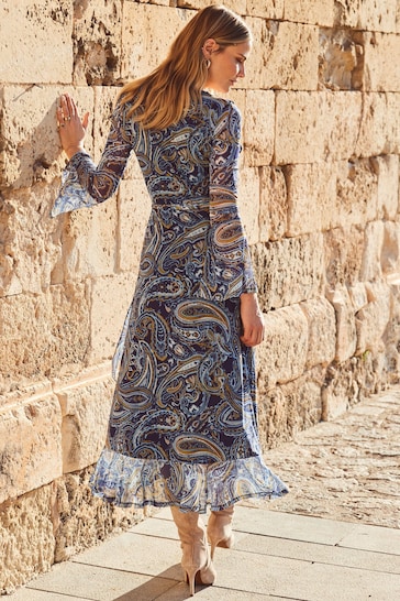 Sosandar Blue Paisley Print Mesh Wrap Front Fit & Flare Dress