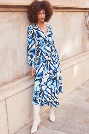 Sosandar Blue Print Blouson Sleeve Wrap Jersey Midi Dress - Image 1 of 6