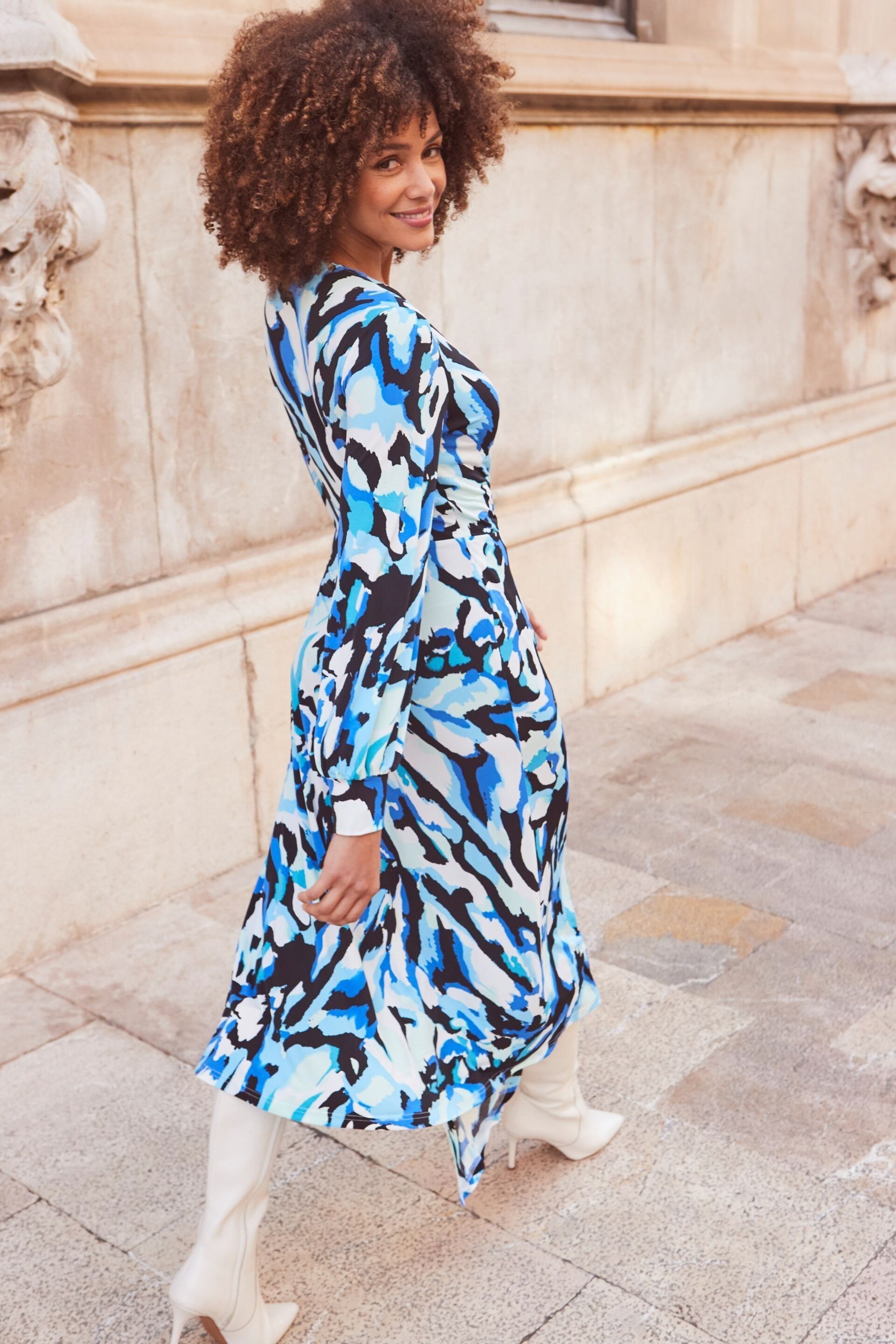 Sosandar Blue Print Blouson Sleeve Wrap Jersey Midi Dress - Image 3 of 6