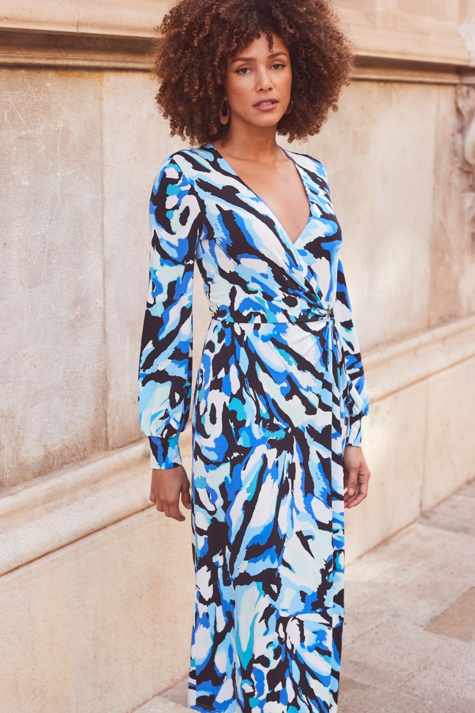 Sosandar Blue Print Blouson Sleeve Wrap Jersey Midi Dress - Image 6 of 6