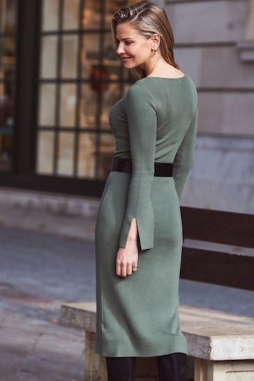Sosandar Green Asymmetric Neckline Rib Knit Dress