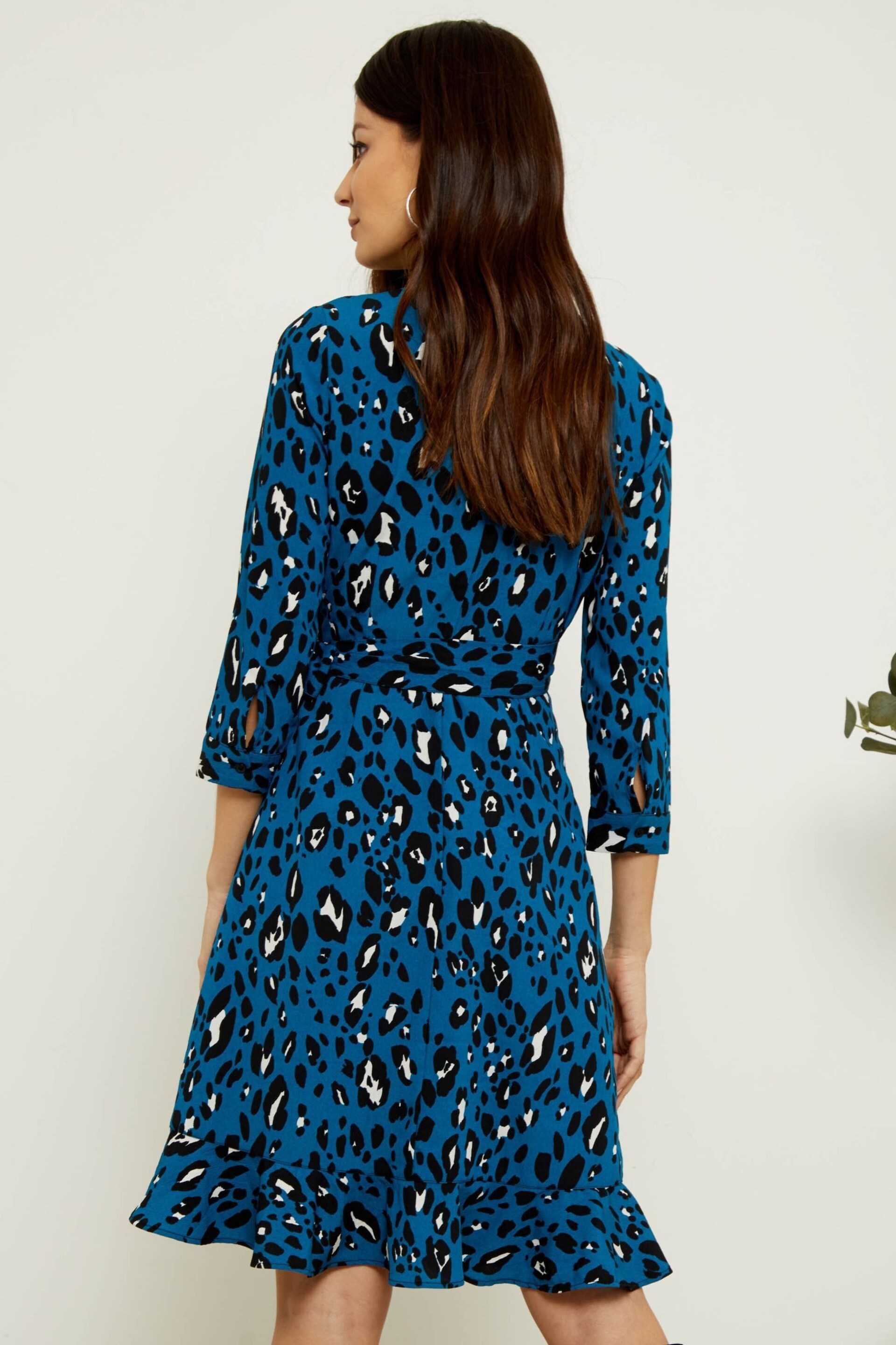 Sosandar Blue Leopard Print Ruffle Hem Wrap Dress - Image 3 of 4