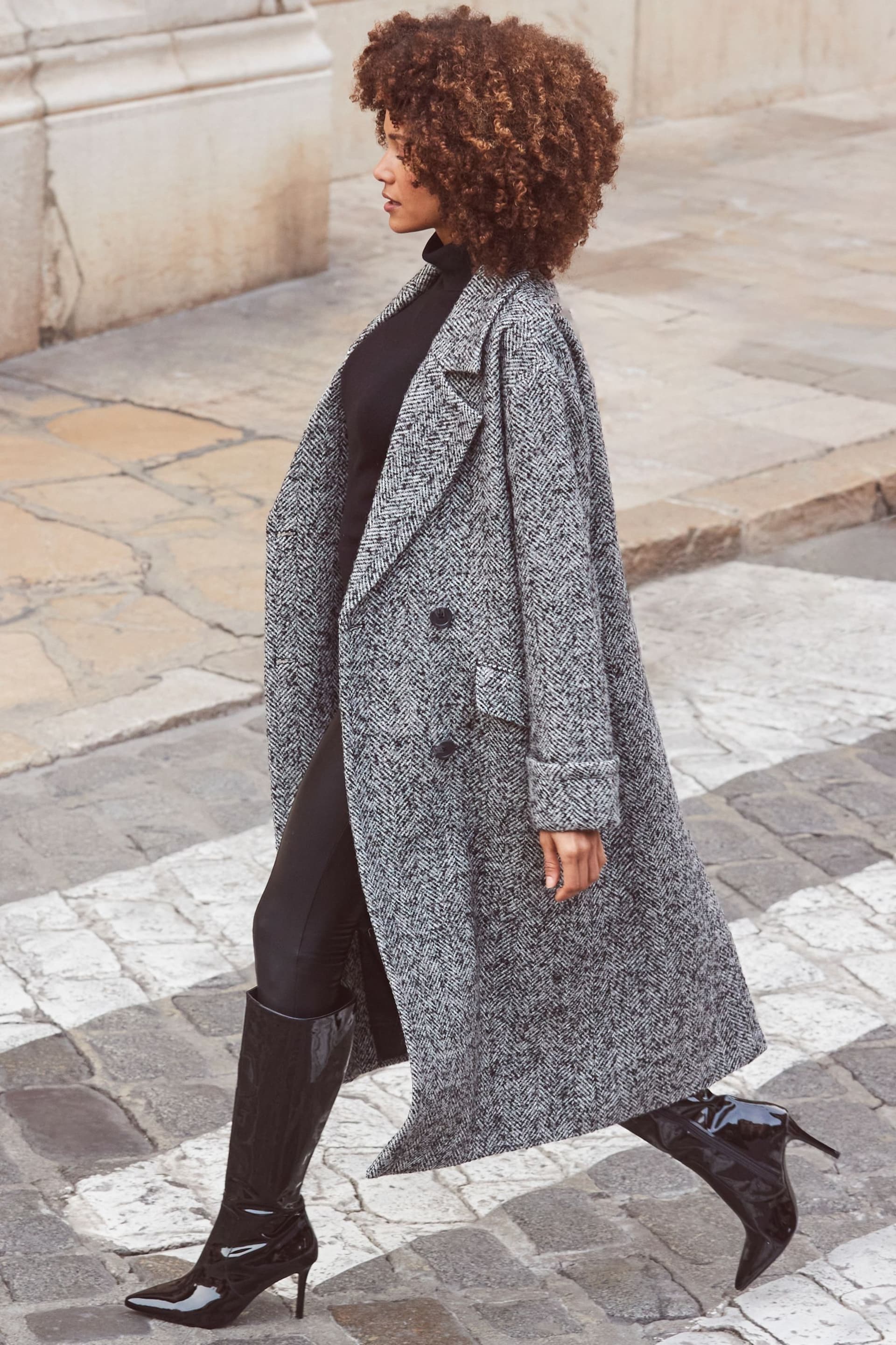 Sosandar Grey Grey & Black Herringbone Wool Mix Longline Coat - Image 4 of 6