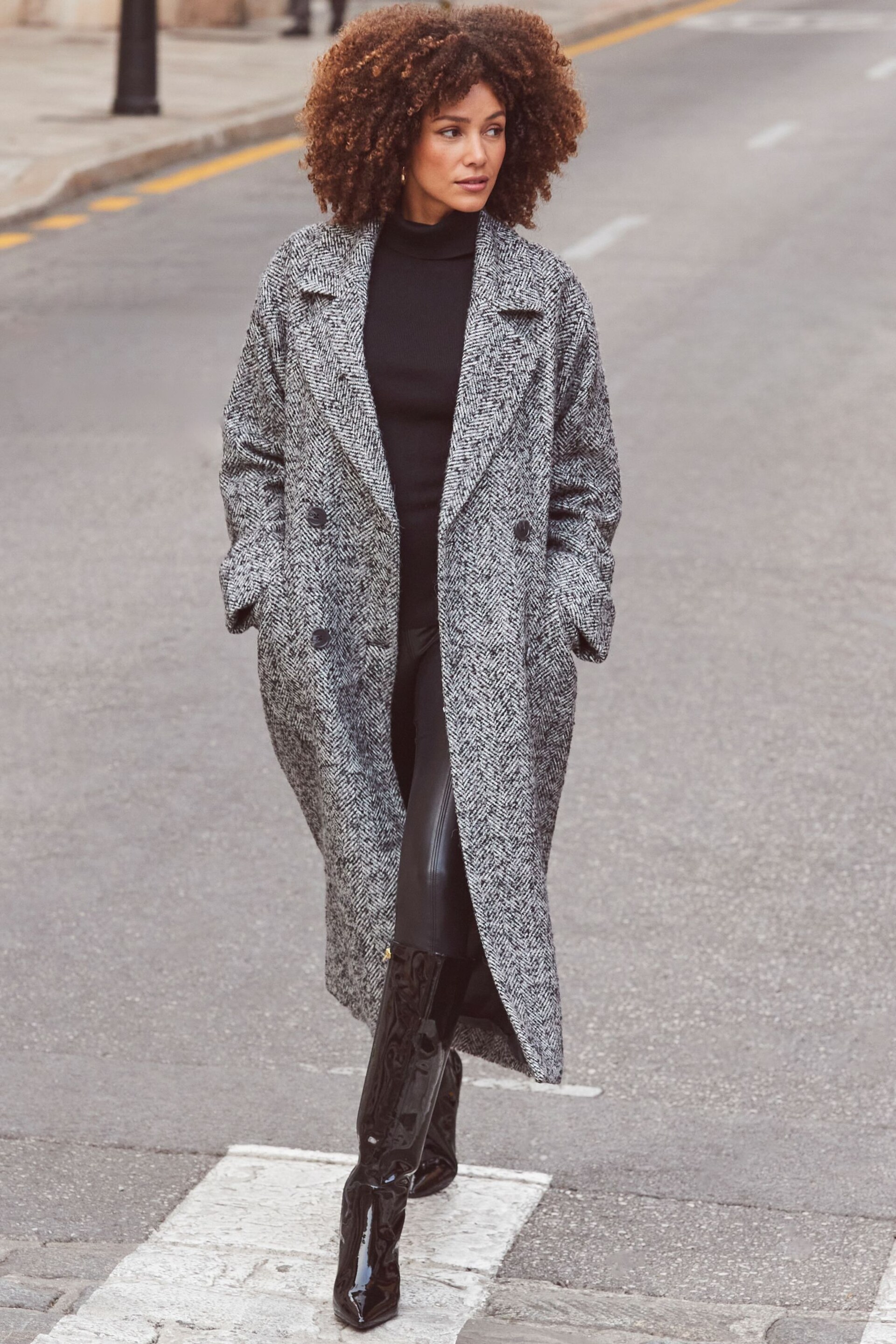 Sosandar Grey Grey & Black Herringbone Wool Mix Longline Coat - Image 5 of 6