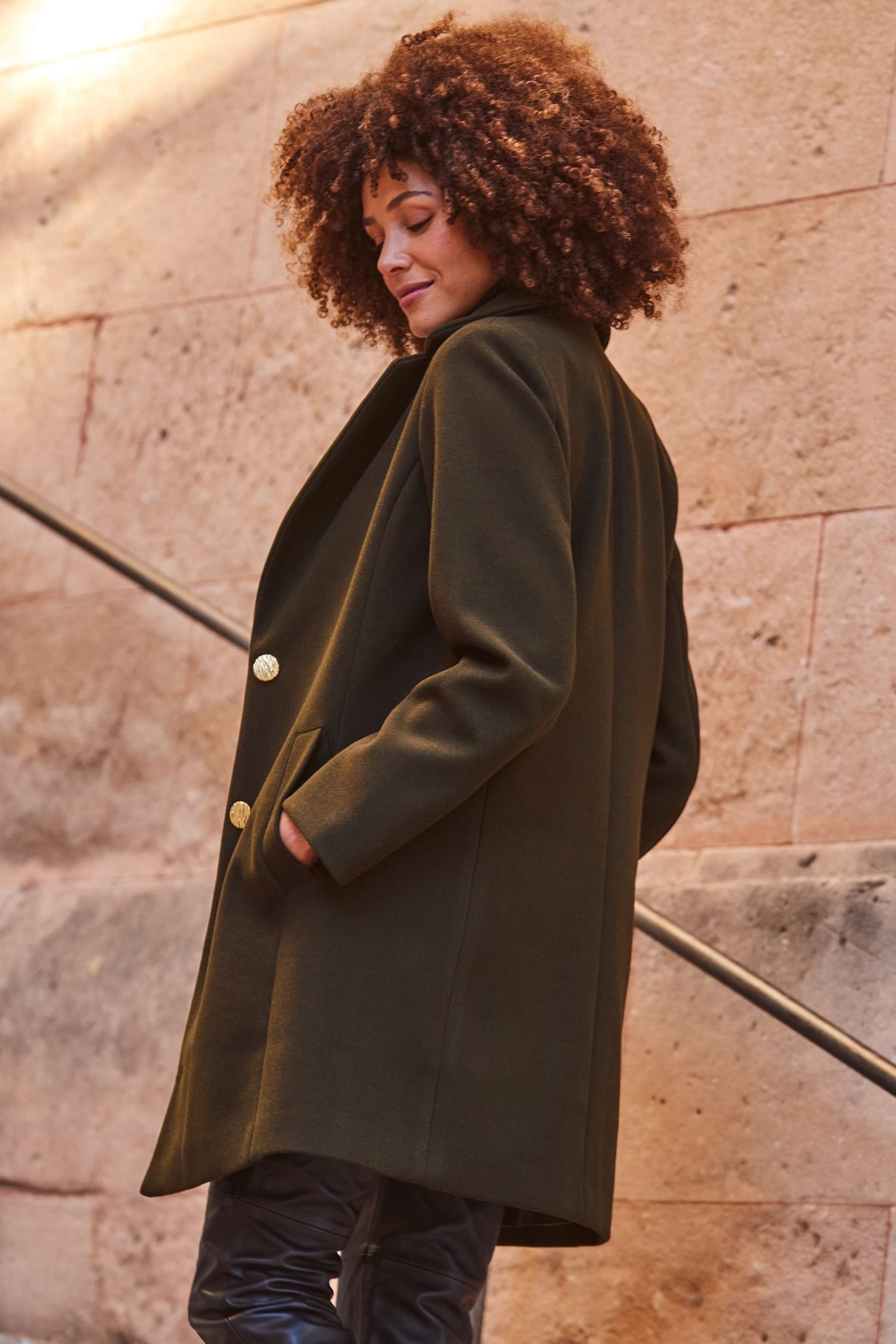 Sosandar Green Khaki Green Gold Button Detail Coat - Image 3 of 6