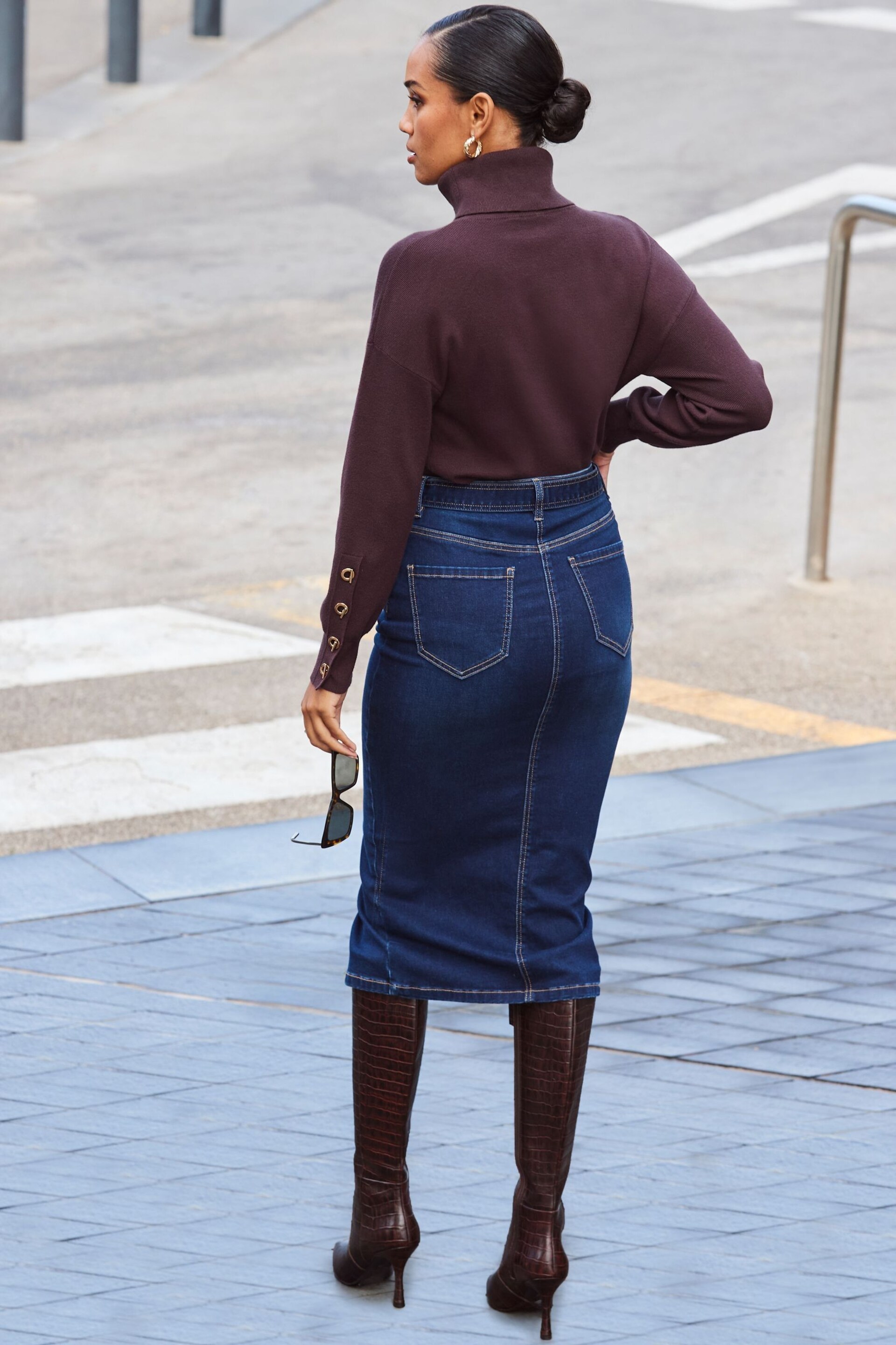 Sosandar Blue Denim Buckle Detail Midi Skirt - Image 3 of 6