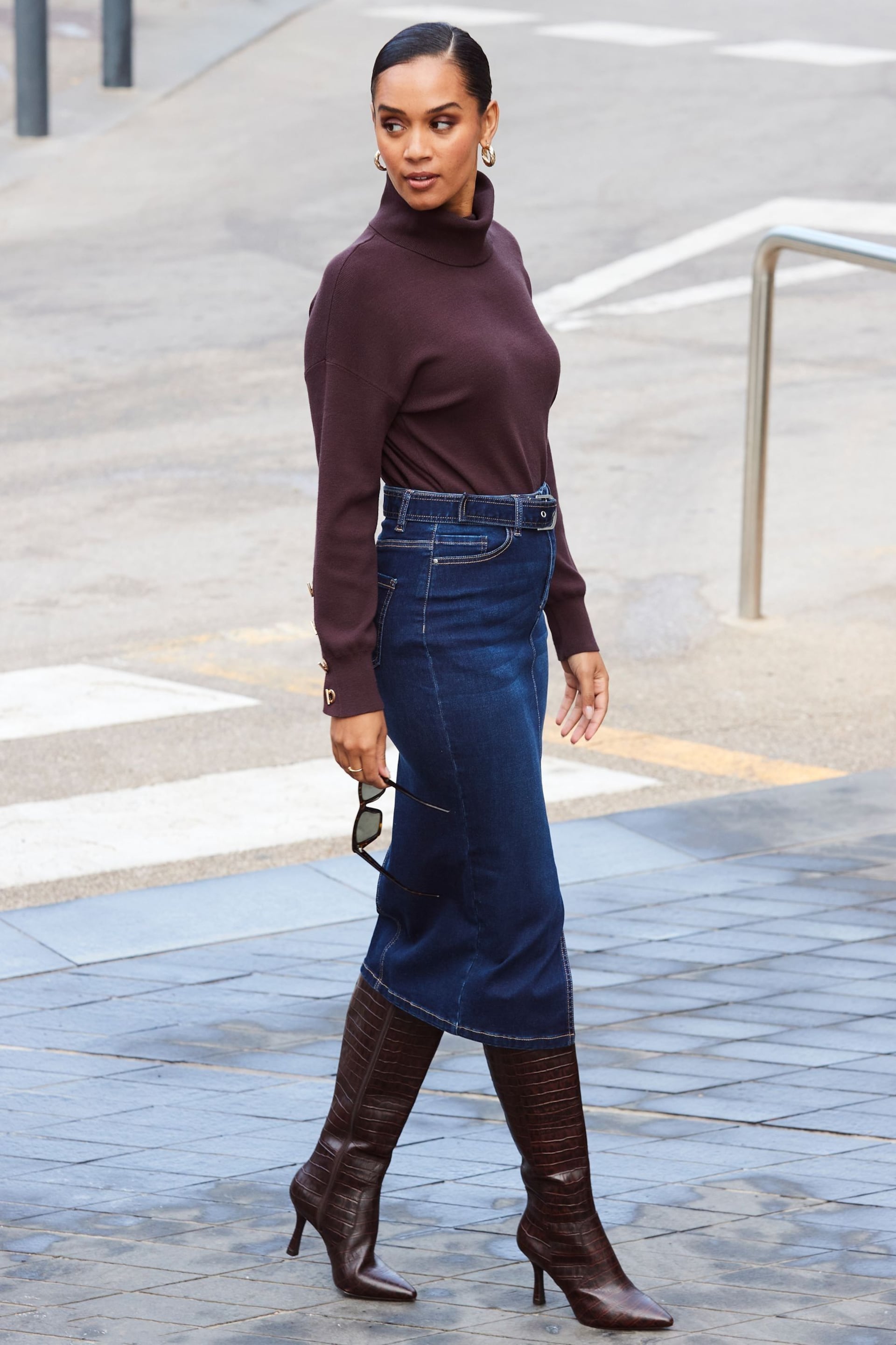 Sosandar Blue Denim Buckle Detail Midi Skirt - Image 4 of 6