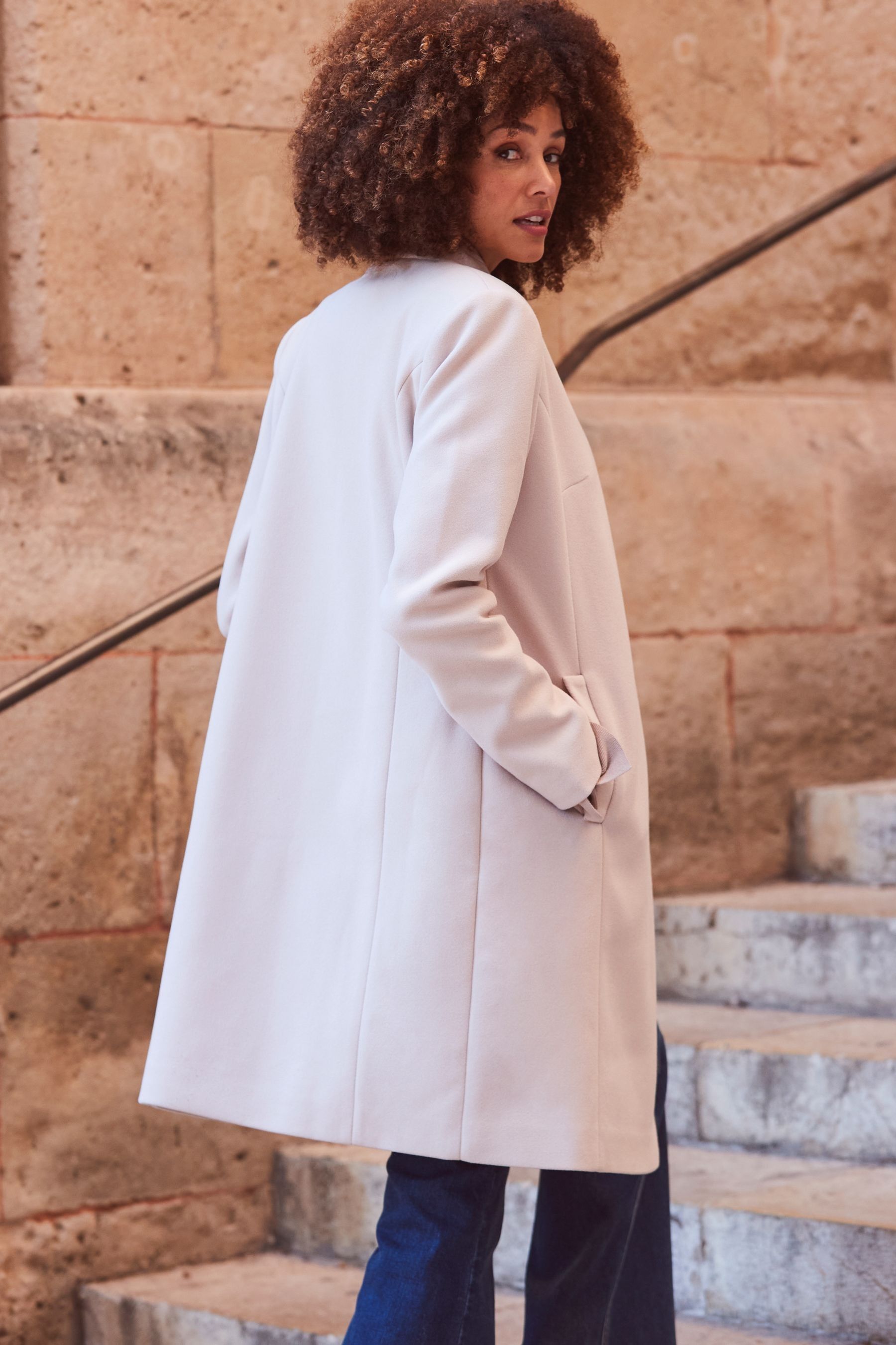 Sosandar Natural Funnel Neck Coat With Pockets