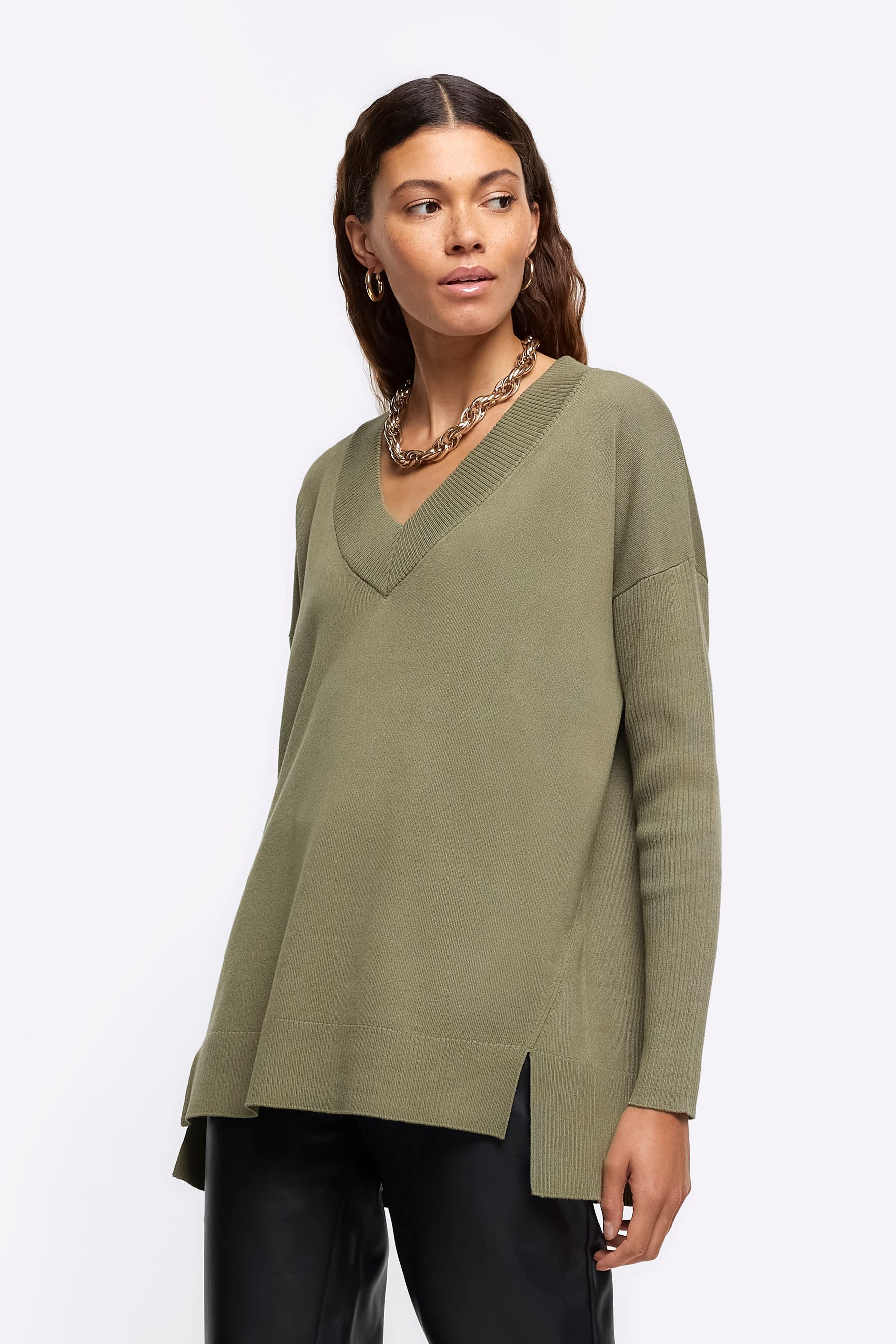 Buy River Island Green V Neck Fine Knit Jumper from Next Luxembourg