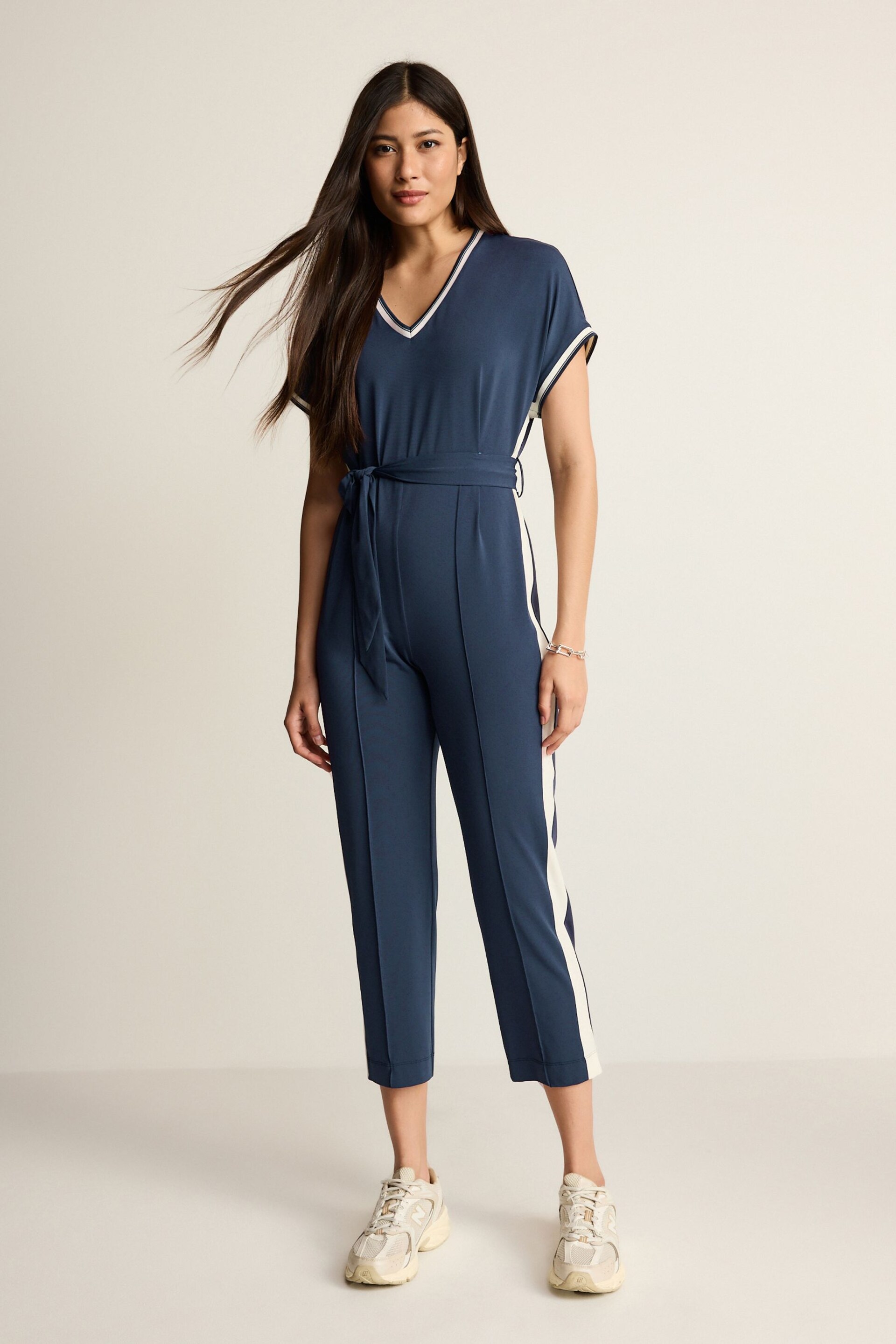 Navy Blue Short Sleeve Tipped Jumpsuit - Image 2 of 6