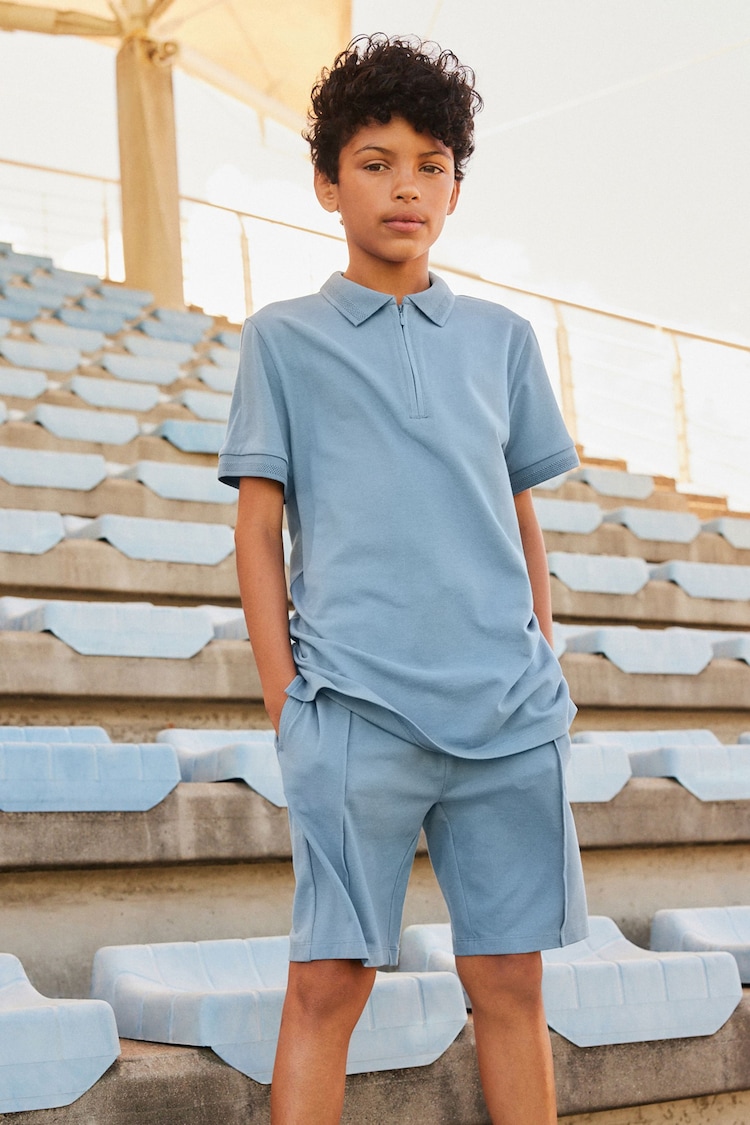 Blue Zip Neck Polo Shirt And Shorts Set (3-16yrs) - Image 1 of 7