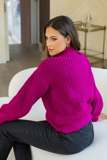 Pour Moi Pink Hayley Chunky Knit High Neck Jumper