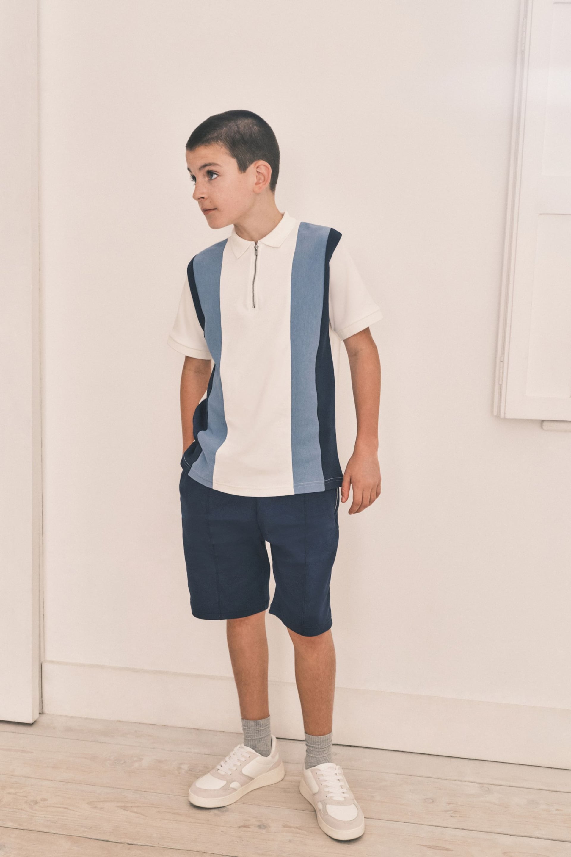 White/Blue Zip Neck Polo Shirt And Shorts Set (3-16yrs) - Image 2 of 7