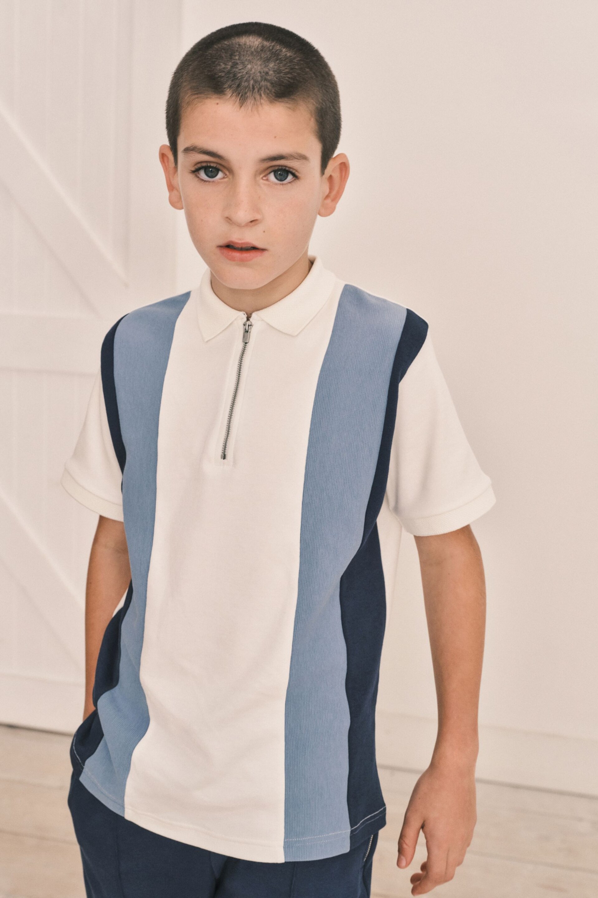 White/Blue Zip Neck Polo Shirt And Shorts Set (3-16yrs) - Image 4 of 7