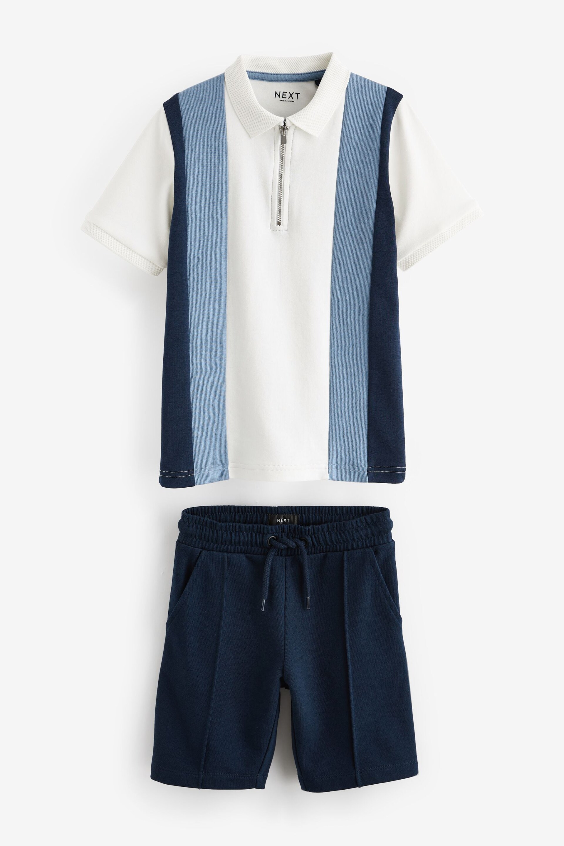 White/Blue Zip Neck Polo Shirt And Shorts Set (3-16yrs) - Image 5 of 7