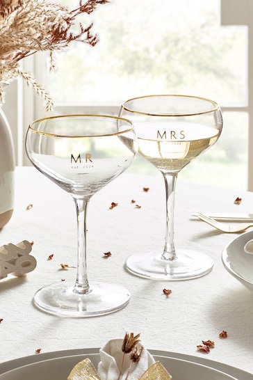 Set of 2 Gold Est In Wedding Champagne Coupe Glasses