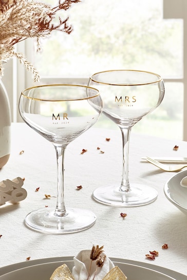 Set of 2 Gold Est In Wedding Champagne Coupe Glasses