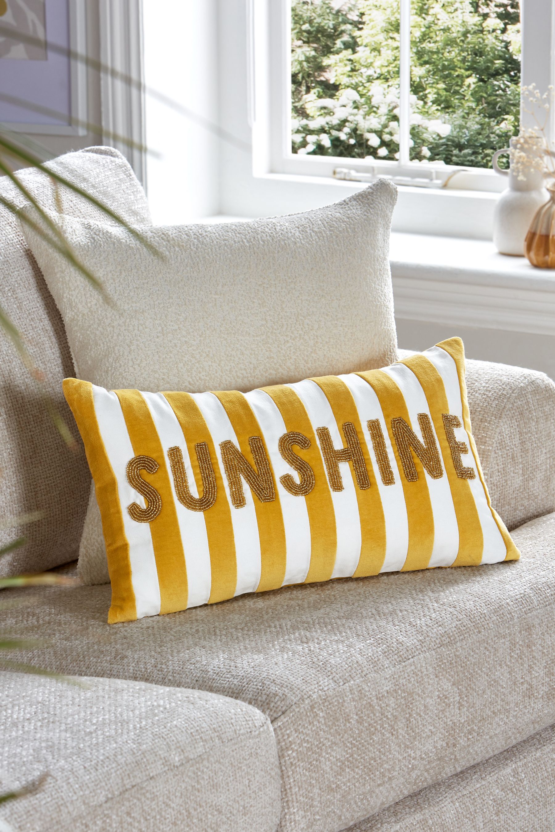 Buy Ochre Yellow 50 x 30cm Velvet Stipe Sunshine Slogan Oblong