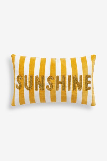 Ochre Yellow 50 x 30cm Velvet Stipe Sunshine Slogan Oblong Cushion