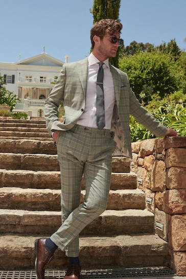 Green Skinny Fit Trimmed Check Suit: Jacket