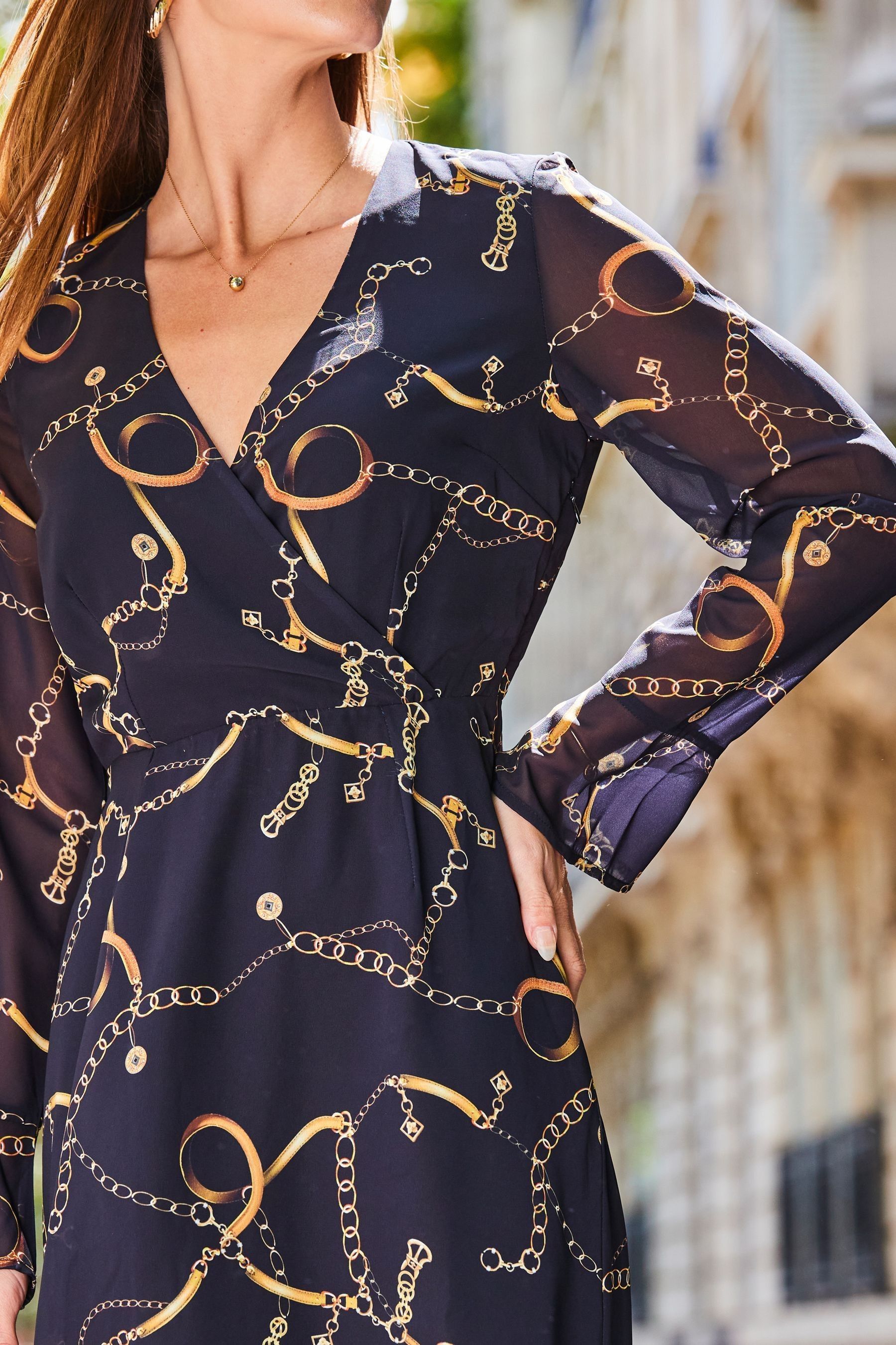 Sosandar Black Chain Print Wrap Front Dress