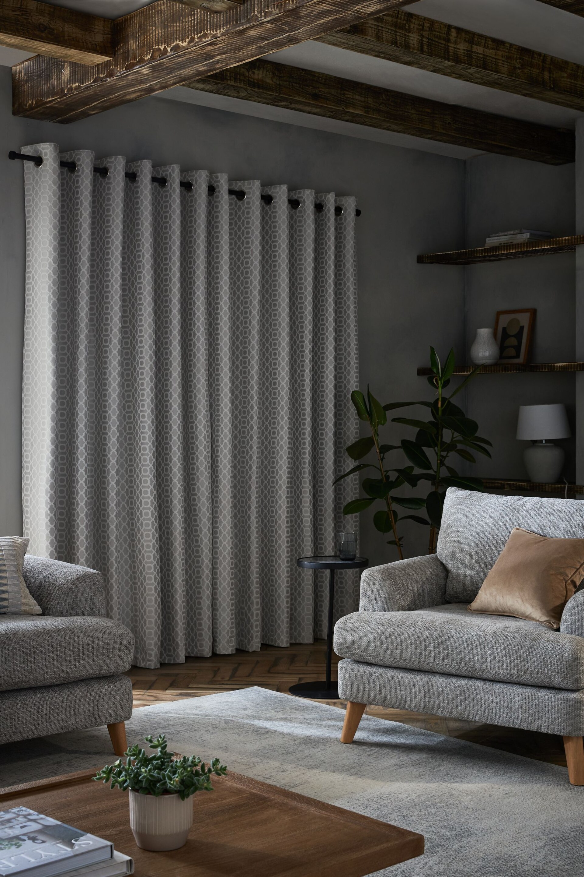 Light Silver Grey Next Woven Geometric Eyelet Lined Curtains - Image 3 of 4